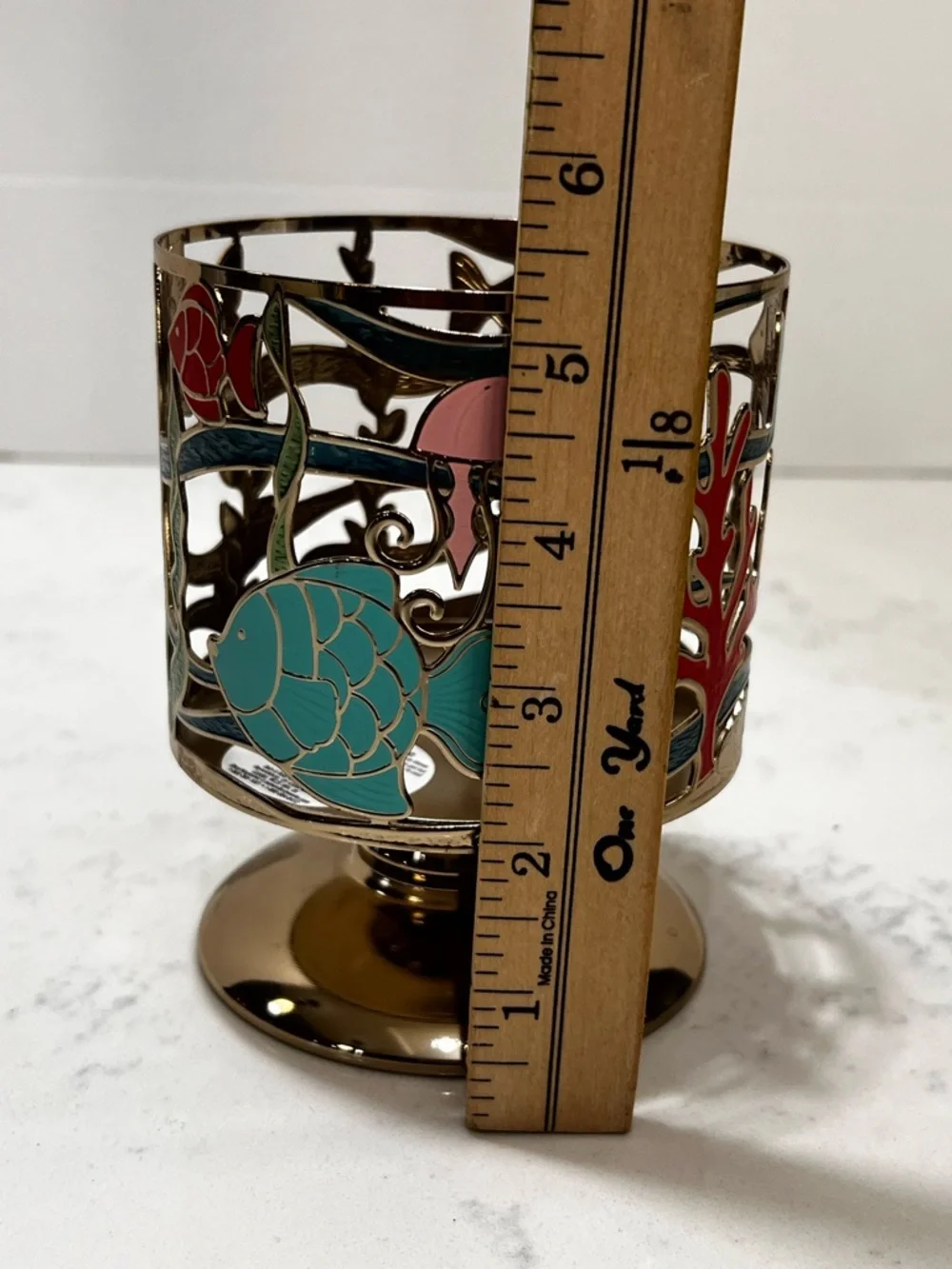 Gold Ocean Fish Candle Holder with Turquoise & Pink Accents - Picture 7 of 8